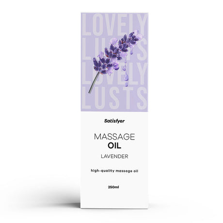 A 250ml box of Satisfyer Lavender Massage Oil featuring a purple lavender illustration.