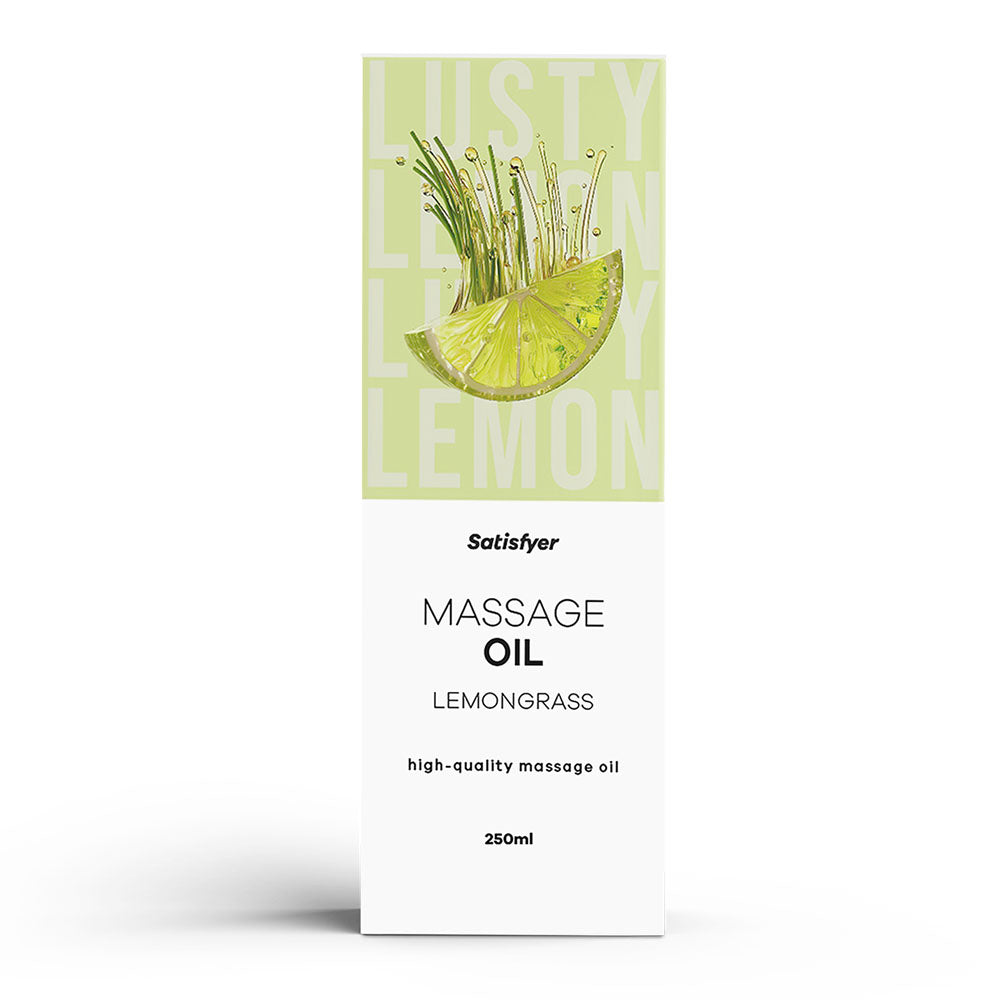 Satisfyer Lemongrass Massage Oil in a 250ml white box with a lime and lemongrass graphic.