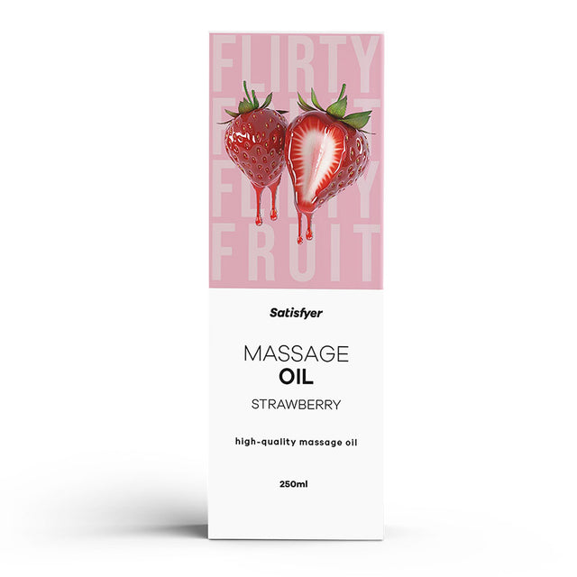 A 250ml box of Satisfyer strawberry scented massage oil featuring a graphic of dripping strawberries.