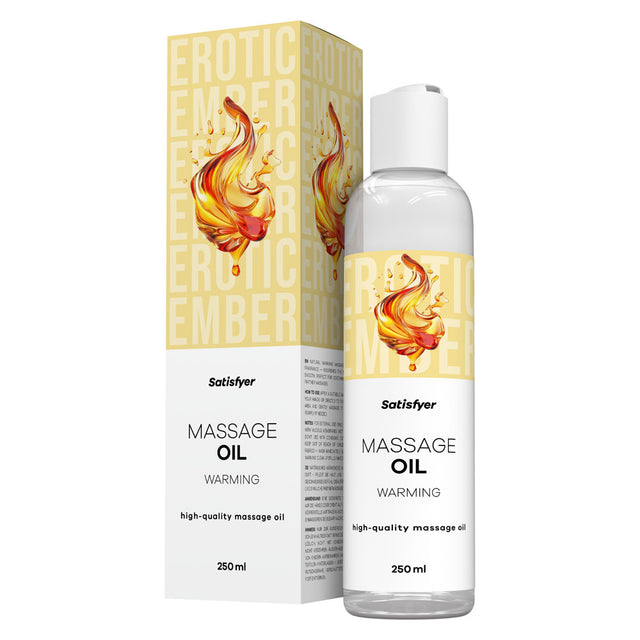 Satisfyer Warming Massage Oil in a 250ml clear bottle next to its white and yellow box.