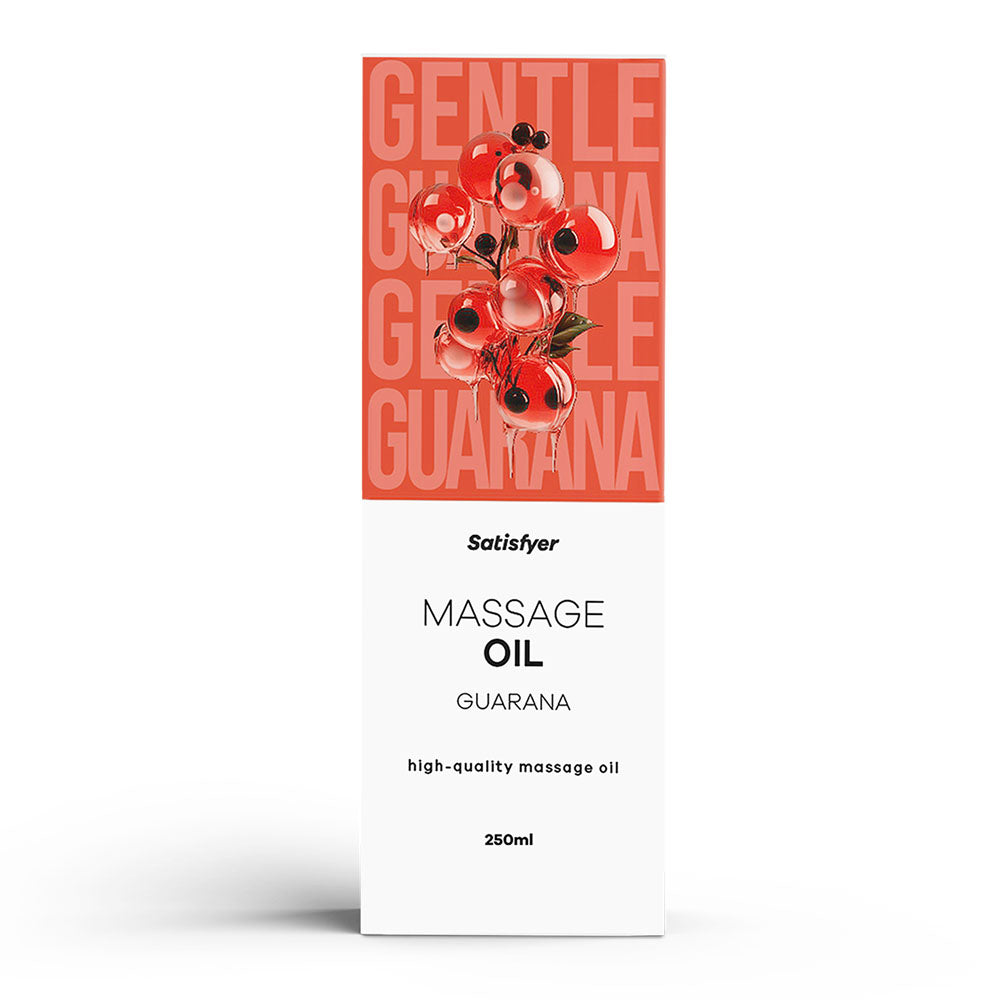 Satisfyer Guarana Scented Massage Oil in a 250ml white and orange box with a guarana berry graphic.