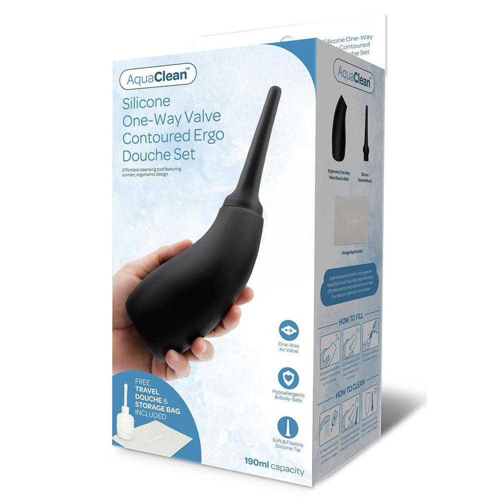 AquaClean Silicone 1-Way Valve Contoured Ergo Douche Set - 190 ml Capacity with Free Travel Douche Included - Naughty by Nature Adult Store