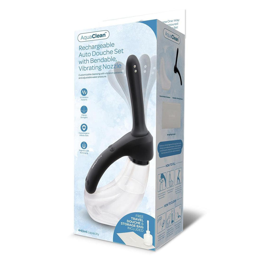 AquaClean Rechargeable Auto Douche Set with Bendable Vibrating Nozzle - 440 ml Capacity with Free Travel Douche Included - Naughty by Nature Adult Store