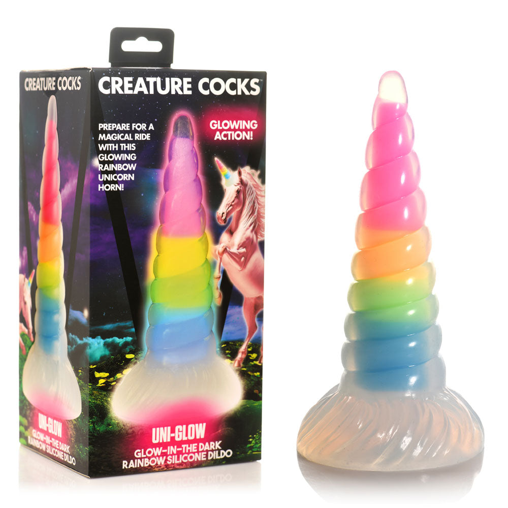 Creature Cocks Uni-Glow - Glow in Dark Rainbow 19.5 cm Unicorn Fantasy Dildo - Naughty by Nature Adult Store