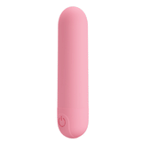 A pink, smooth-textured mini bullet vibrator with a power button on the base.