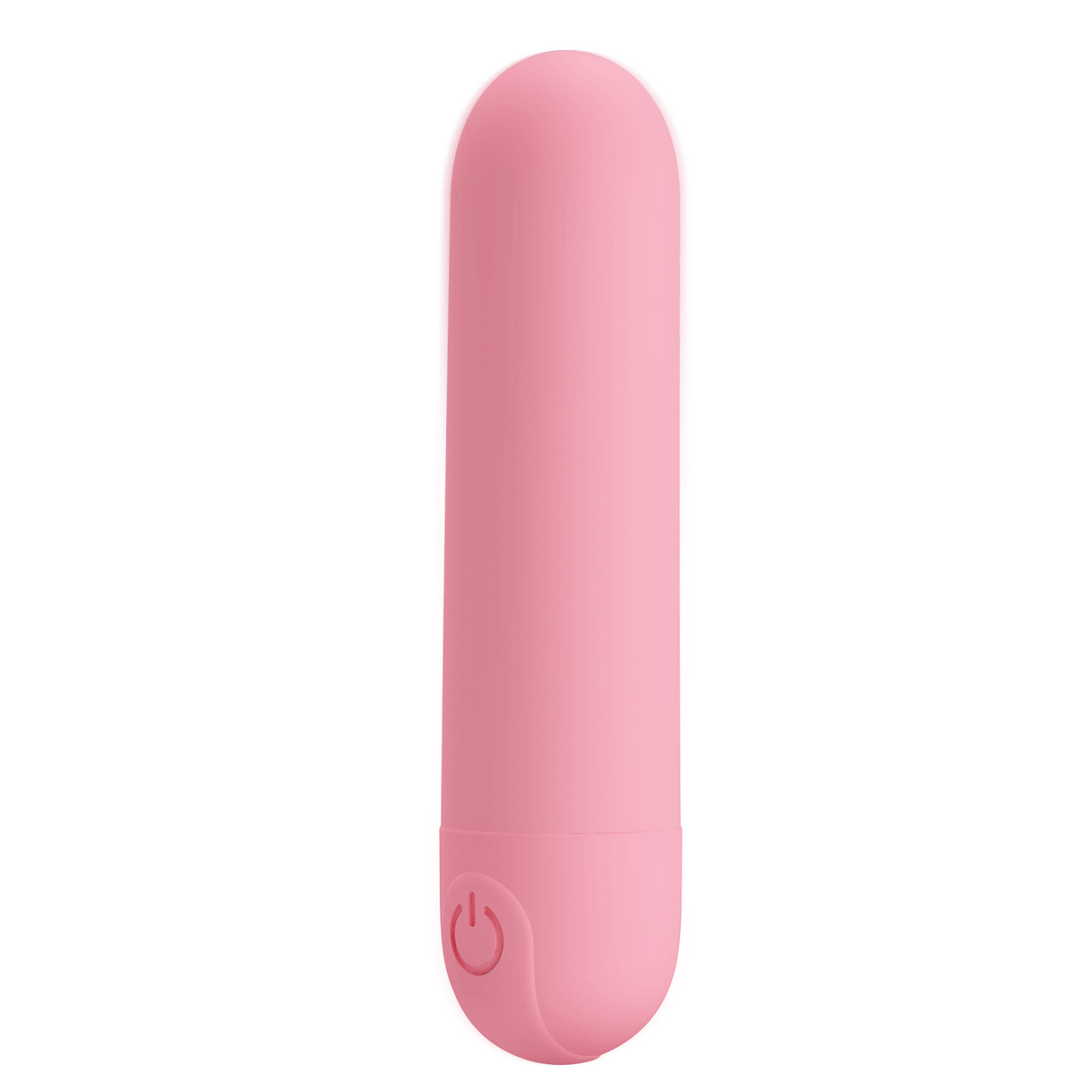 A pink, smooth-textured mini bullet vibrator with a power button on its rounded base.