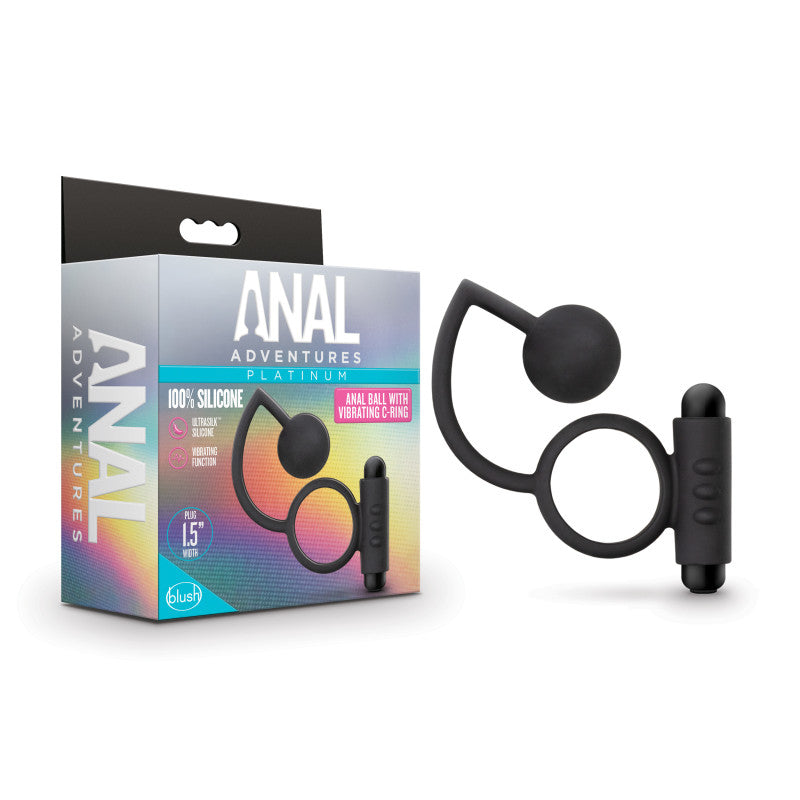 Anal Adventures Platinum Anal Ball & Vibrating C-Ring - Black Vibrating Cock Ring with Anal Ball - Naughty by Nature Adult Store
