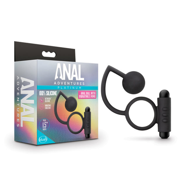 Anal Adventures Platinum Anal Ball & Vibrating C-Ring - Black Vibrating Cock Ring with Anal Ball - Naughty by Nature Adult Store