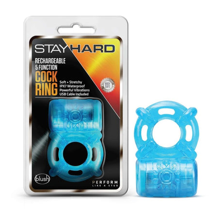 Stay Hard Rechargeable 5 Function Cock Ring - Blue USB Rechargeable Vibrating Cock Ring - Naughty by Nature Adult Store