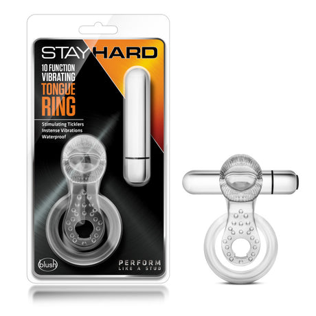 Stay Hard 10-Function Vibrating Tongue Ring - Clear Vibrating Cock & Ball Ring - Naughty by Nature Adult Store