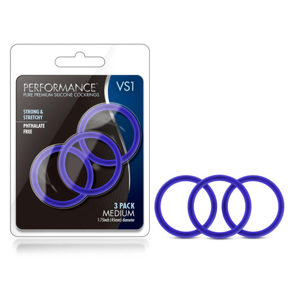 Performance VS1 Pure Premium Silicone Cockrings - Indigo Blue Medium Cock Rings - Set of 3 - Naughty by Nature Adult Store