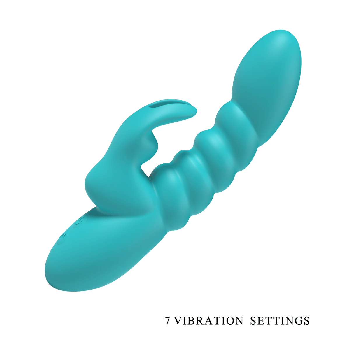 Teal silicone rabbit vibrator with a textured shaft and dual motors for internal and external use.