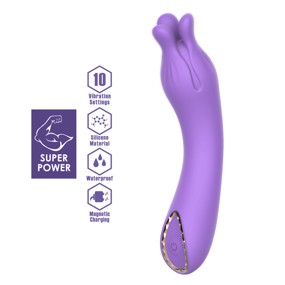 Purple silicone vibrator with a flower-shaped tip, control button, and feature icons.