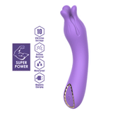 Purple silicone vibrator with a flower-shaped tip, control button, and feature icons.
