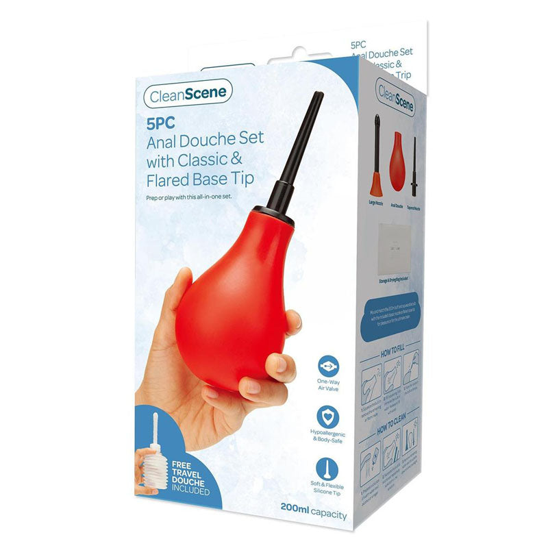 CleanScene 5 Piece Anal Douche Set with Classic & Flared Tips - 200 ml Capacity with Free Travel Douche Included - Naughty by Nature Adult Store