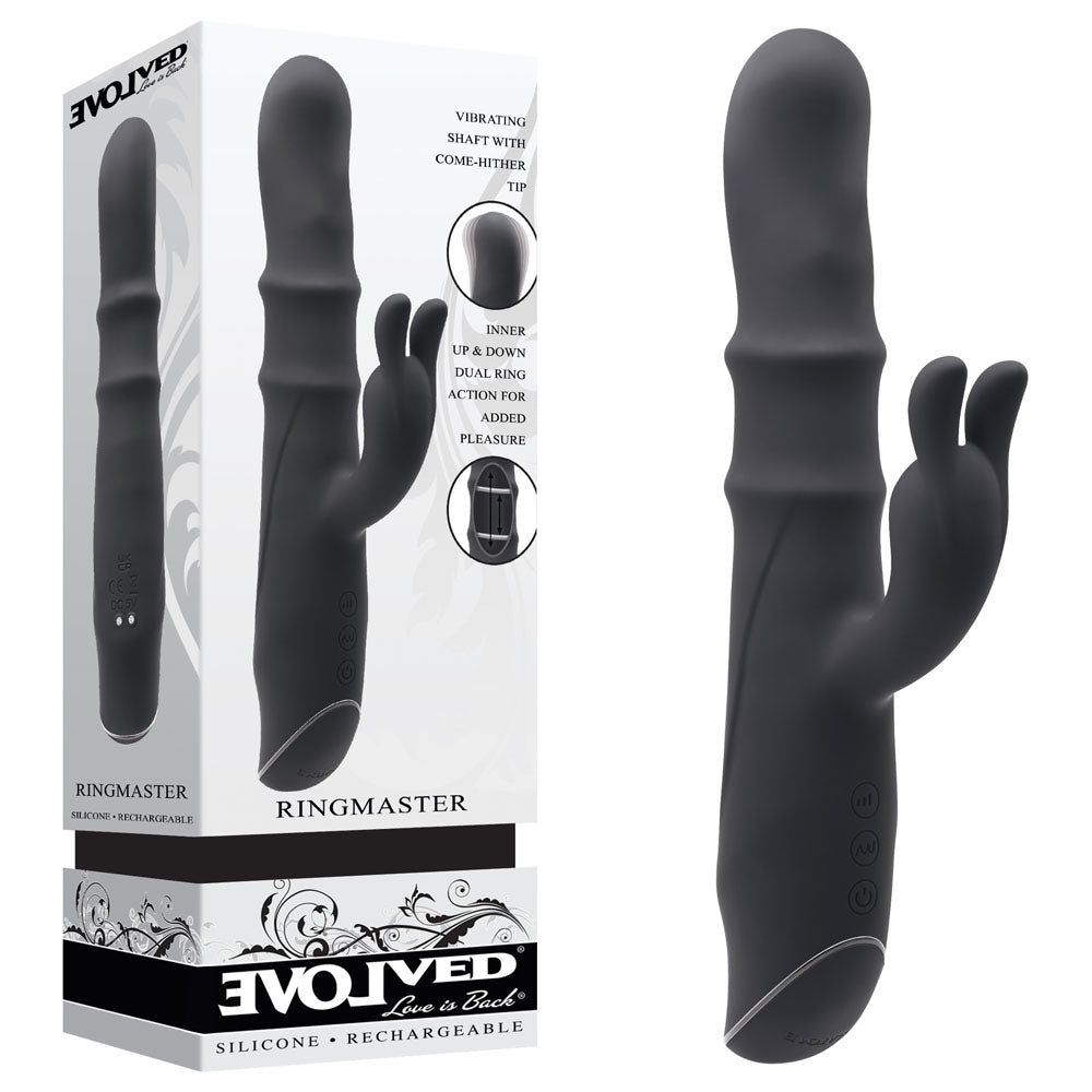 Evolved RINGMASTER - Black 23.1 cm USB Rechargeable Rabbit Vibrator - Naughty by Nature Adult Store