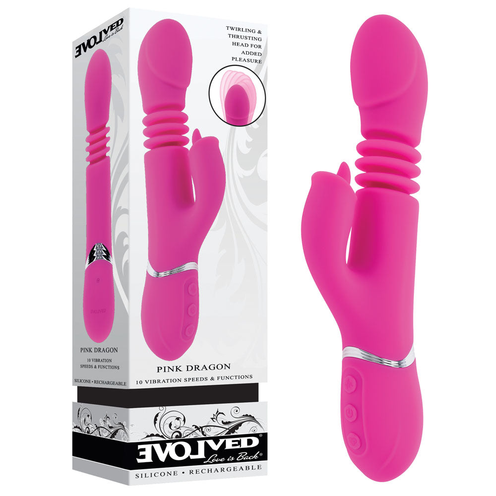 Evolved PINK DRAGON - Pink 24.2 cm USB Rechargeable Thrusting Rabbit Vibrator - Naughty by Nature Adult Store