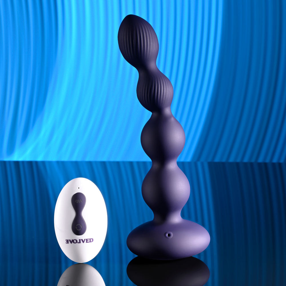 Evolved PLEASURE ORBIT - Navy Blue 17.8 cm USB Rechargeable Twirling & Vibrating Anal Beads with Remote - Naughty by Nature Adult Store
