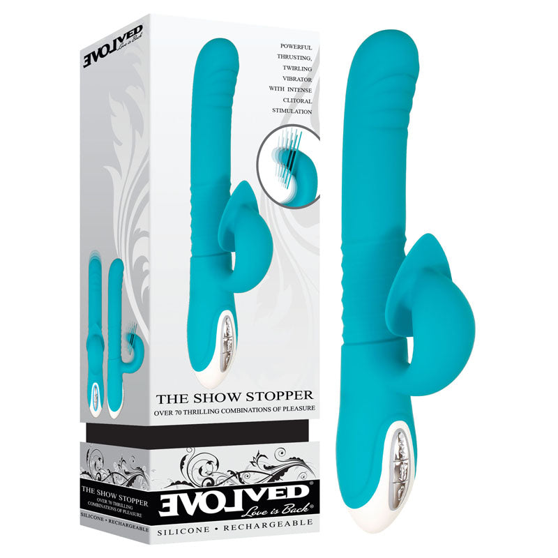 Evolved The Show Stopper - Teal 23.5 cm USB Rechargeable Thrusting Rabbit Vibrator - Naughty by Nature Adult Store