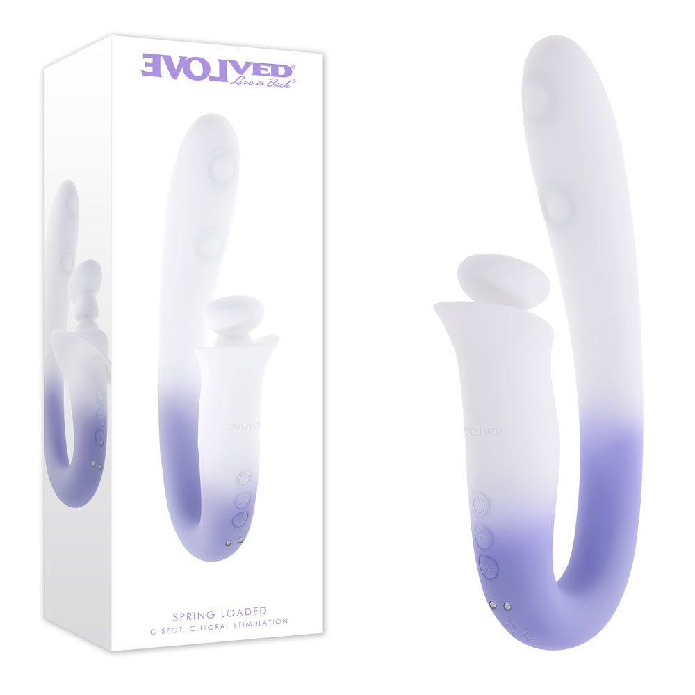 Evolved Spring Loaded white and purple dual-motor silicone vibrator with its packaging.