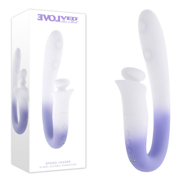 Evolved Spring Loaded white and purple dual-motor silicone vibrator with its packaging.
