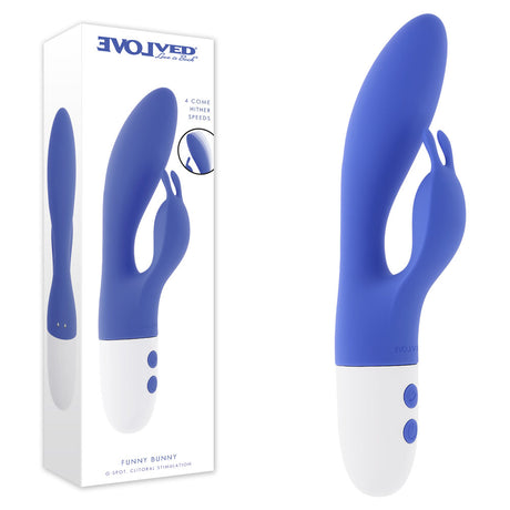 Evolved Funny Bunny blue USB rechargeable rabbit vibrator with curved shaft and dual stimulators.