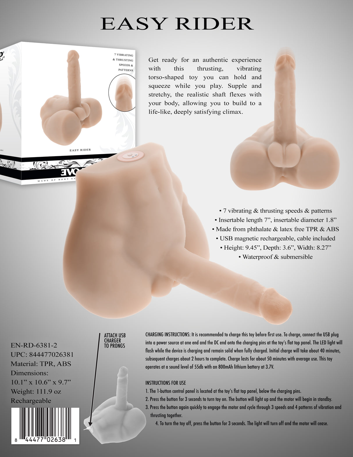 Evolved EASY RIDER LIGHT - Rechargeable Male Torso with Vibrating Penis