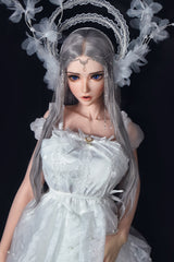 Detailed sex doll with white dress and decorative headpiece against a black background
