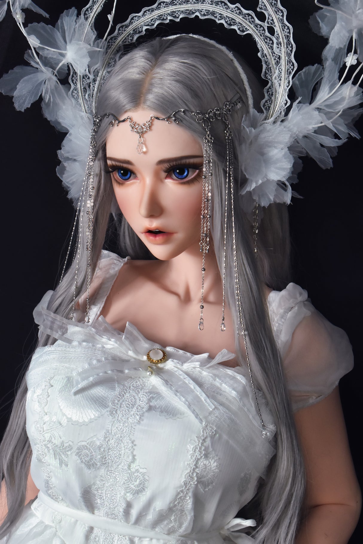 anime sex doll  with long white hair and a white dress against a dark background