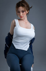 sex doll wearing a white tank top and blue pants against a gray background