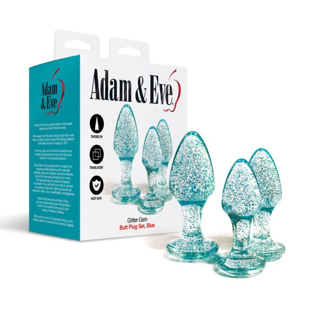 Adam & Eve Glitter Gem 3-Piece Butt Plug Set - Blue - Glitter Blue Butt Plugs - Set of 3 Sizes - Naughty by Nature Adult Store