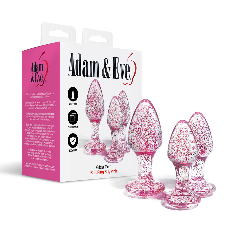 Adam & Eve Glitter Gem 3-Piece Butt Plug Set - Pink - Glitter Pink Butt Plugs - Set of 3 Sizes - Naughty by Nature Adult Store