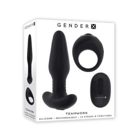 Gender X TEAMWORK - Black USB Rechargeable Rimming Butt Plug & Vibrating Cock Ring - Naughty by Nature Adult Store