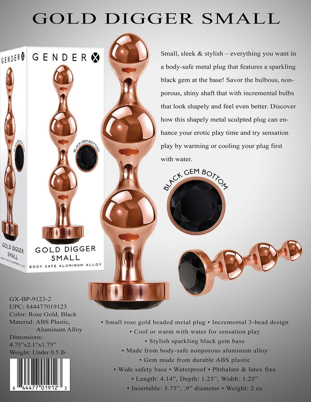 Gender X GOLD DIGGER SMALL - Rose Gold Small Butt Plug with Black Gem Base - Naughty by Nature Adult Store