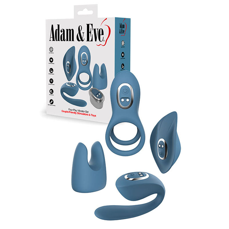Adam & Eve FOUR-PLAY Vibrator Set - Blue USB Rechargeable Couples Play Kit - Naughty by Nature Adult Store