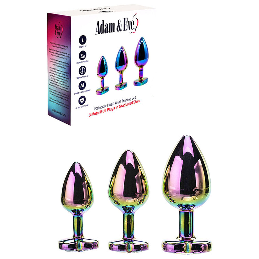 Adam & Eve RAINBOW HEART GEM ANAL TRAINING SET - Multicoloured Metal Anal Plugs with Gem Bases - Set of 3 Sizes - Naughty by Nature Adult Store