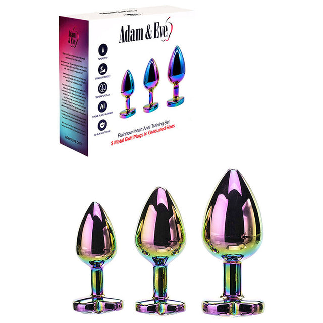 Adam & Eve RAINBOW HEART GEM ANAL TRAINING SET - Multicoloured Metal Anal Plugs with Gem Bases - Set of 3 Sizes - Naughty by Nature Adult Store