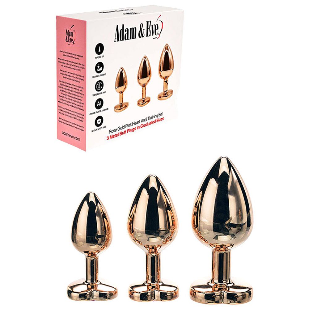 Adam & Eve ROSE GOLD HEART GEM ANAL TRAINING SET - Rose Gold Metal Anal Plugs with Pink Gem Bases - Set of 3 Sizes - Naughty by Nature Adult Store