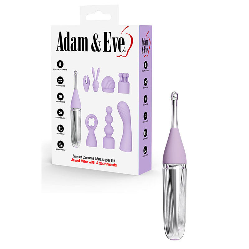 Adam & Eve SWEET DREAMS MASSAGER KIT - Lavender USB Rechargeable Point Stimulator with 8 Interchangeable Tips - Naughty by Nature Adult Store