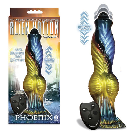 Alien Nation - Phoenix - Gold/Blue & Black 25.4 cm USB Rechargeable Thrusting Fantasy Dong with Remote - Naughty by Nature Adult Store