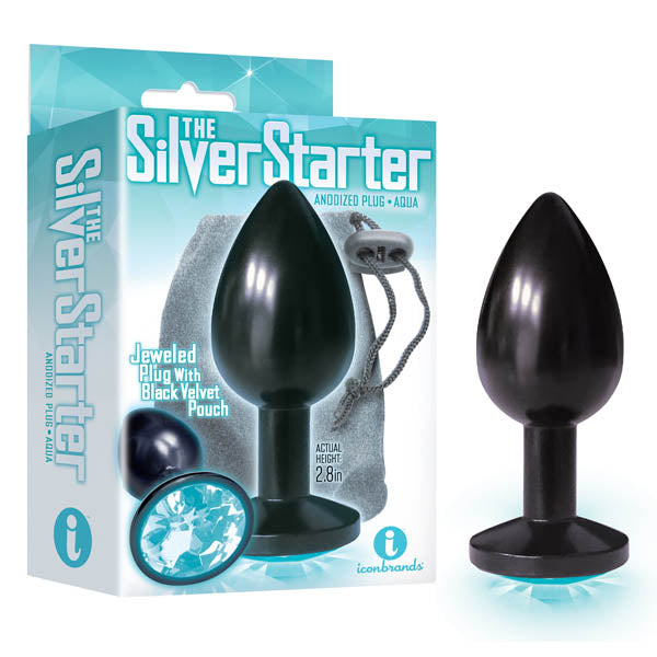 The Silver Starter - Anodised Black 7.1 cm (2.8'') Butt Plug with Aqua Round Jewel - Naughty by Nature Adult Store
