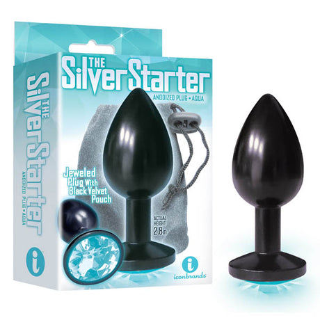 The Silver Starter - Anodised Black 7.1 cm (2.8'') Butt Plug with Aqua Round Jewel - Naughty by Nature Adult Store