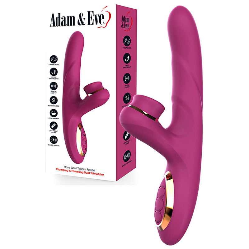 Adam & Eve ROSE GOLD TAPPIN RABBIT - Purple 22.5 cm USB Rechargeable Tapping & Thrusting Rabbit Vibrator - Naughty by Nature Adult Store