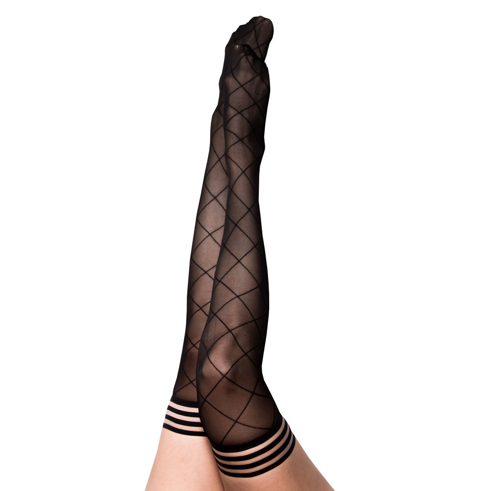 Kixies ANNA Sheer Black Diamond Thigh Highs - Black - Size A - Naughty by Nature Adult Store
