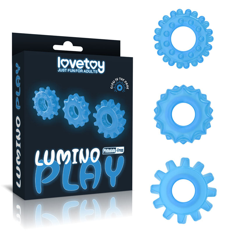Lumino Play Penis Rings 3 Pack - Glow in the Dark Blue Cock Rings - Set of 3 - Naughty by Nature Adult Store