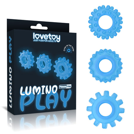 Lumino Play Penis Rings 3 Pack - Glow in the Dark Blue Cock Rings - Set of 3 - Naughty by Nature Adult Store