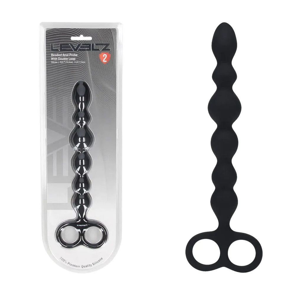Levelz Beaded Silicone Anal Probe With Double Loop Black 24.5 Cm