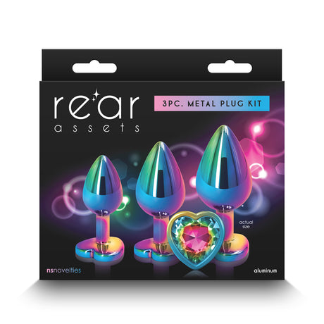 Rear Assets Trainer Kit - Multicolour - Rainbow Heart - Multi Coloured Metallic Butt Plugs with Rainbow Hearts - Set of 3 Sizes - Naughty by Nature Adult Store