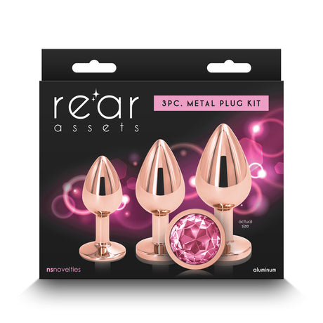 Rear Assets Trainer Kit - Rose Gold - Pink - Rose Gold Metallic Butt Plugs with Pink Gems - Set of 3 Sizes - Naughty by Nature Adult Store