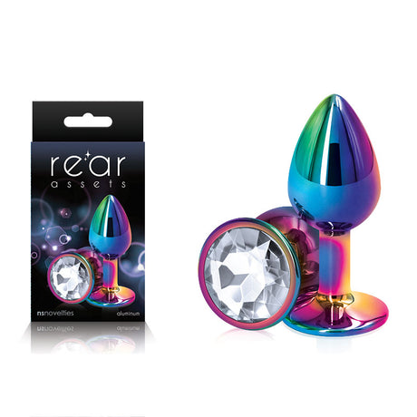 Rear Assets Multi Coloured Small - Multi Coloured Small Metal Butt Plug with Clear Gem Base - Naughty by Nature Adult Store